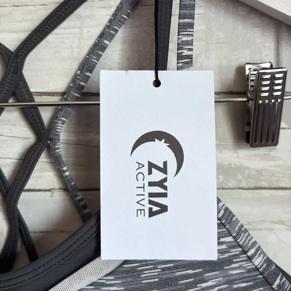 NWT ZYIA ACTIVE Grey & Sage Luxe Strappy Women's Sports Bra - Picture 5 of 11